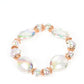 Bubbly iridescent beads in varying sizes are threaded along a stretchy band, creating a glittery magical effect around the wrist. Shiny copper cap fittings encase the smaller beads, adding vintage metallic detail to the effervescent design. Due to its prismatic palette, color may vary.  Sold as one individual bracelet.  Get The Complete Look! Necklace: "Prismatic Magic - Copper" (Sold Separately)