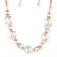 Bubbly iridescent beads in varying sizes drape along the collar, creating a glittery magical effect. Shiny copper cap fittings wrap around the smaller beads, adding vintage metallic detail to the effervescent design. Features an adjustable clasp closure. Due to its prismatic palette, color may vary.  Sold as one individual necklace. Includes one pair of matching earrings.  Get The Complete Look! Bracelet: "Iridescent Illusions - Copper" (Sold Separately)