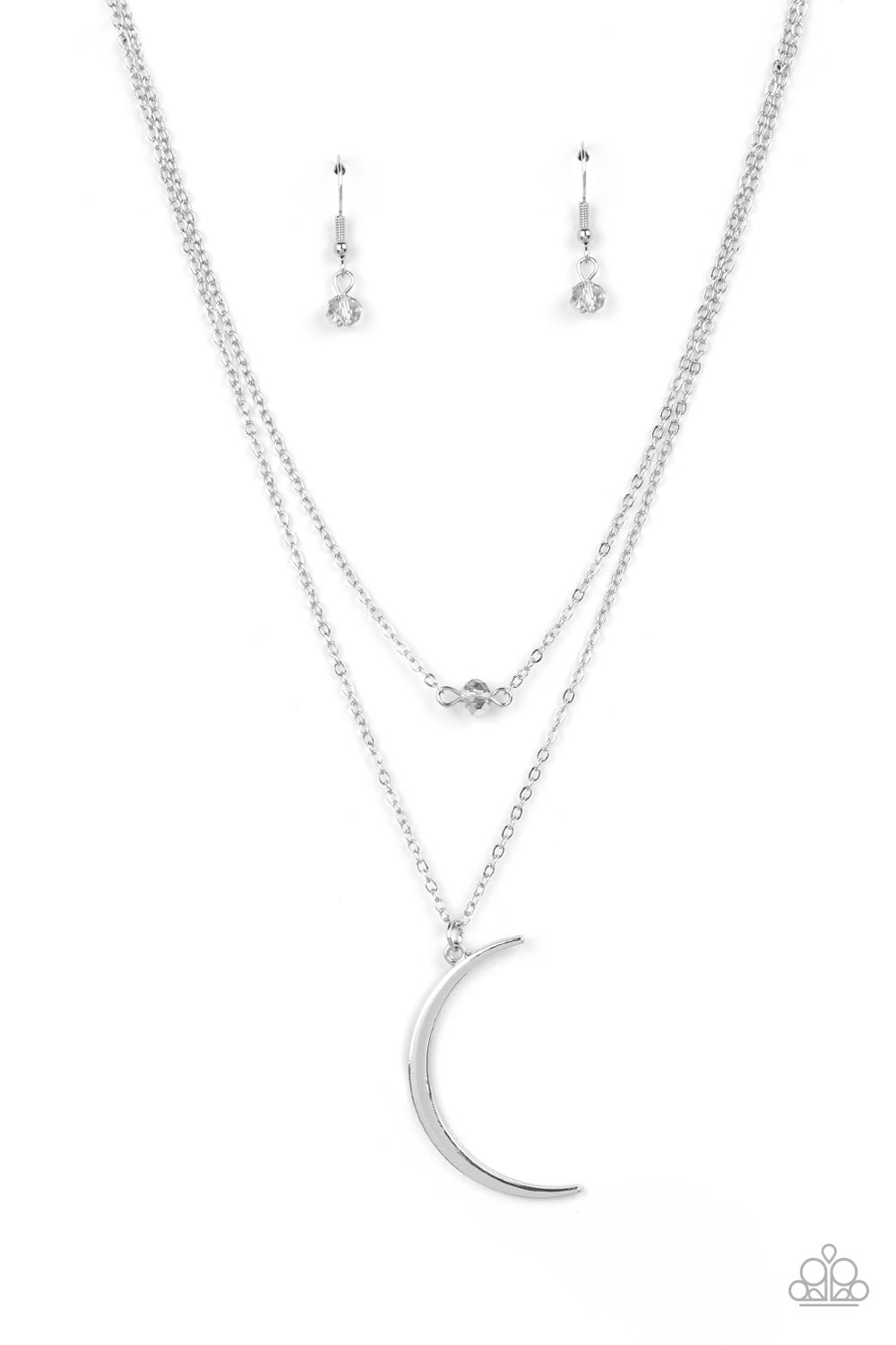 Paparazzi Accessories - Modern Moonbeam - Silver Moon Necklaces two dainty silver chains delicately layer below the collar. A metallic crystal-like bead sparkles at the center of the uppermost chain while a silver half moon pendant swings from the bottom of the display for a mystical finish. Features an adjustable clasp closure.  Sold as one individual necklace. Includes one pair of matching earrings.