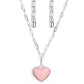 Paparazzi Accessories - Everlasting Endearment - Pink Heart Necklaces chiseled into a charming heart, a rose quartz-like gemstone is pressed into the center of a silver fitting at the bottom of a silver oval chain for a sentimental statement. Features an adjustable clasp closure.  Sold as one individual necklace. Includes one pair of matching earrings.