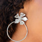 Paparazzi Accessories - Buttercup Bliss - Silver August 2022 Life of the Party Earrings  featuring lifelike textures, a shimmery silver buttercup blooms atop an oversized silver hoop for a whimsical allure. Earring attaches to a standard post fitting.  Sold as one pair of post earrings.