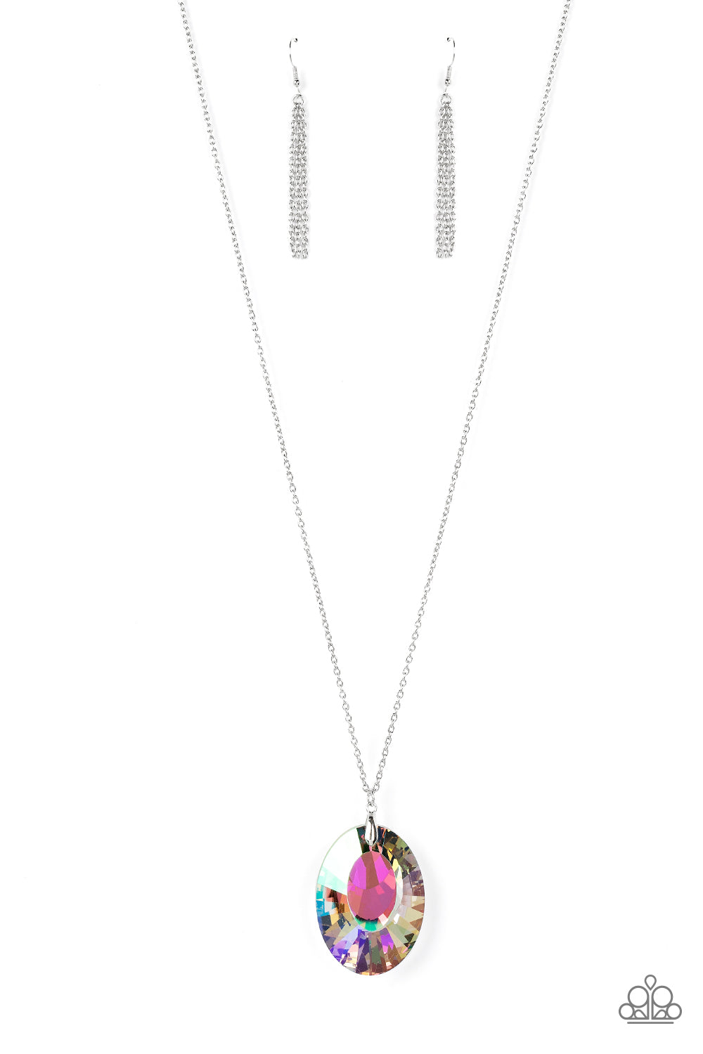 Paparazzi Accessories Celestial Essence - Multi Iridescent Convention Necklaces featuring a reflective focal point and an exaggerated faceted surface, a dramatically oversized, iridescent gem sparkles at the bottom of a lengthened silver chain for an out-of-this-world kind of dazzle. Features an adjustable clasp closure. Due to its prismatic palette, color may vary.  Sold as one individual necklace. Includes one pair of matching earrings.  2022 Glow Convention 