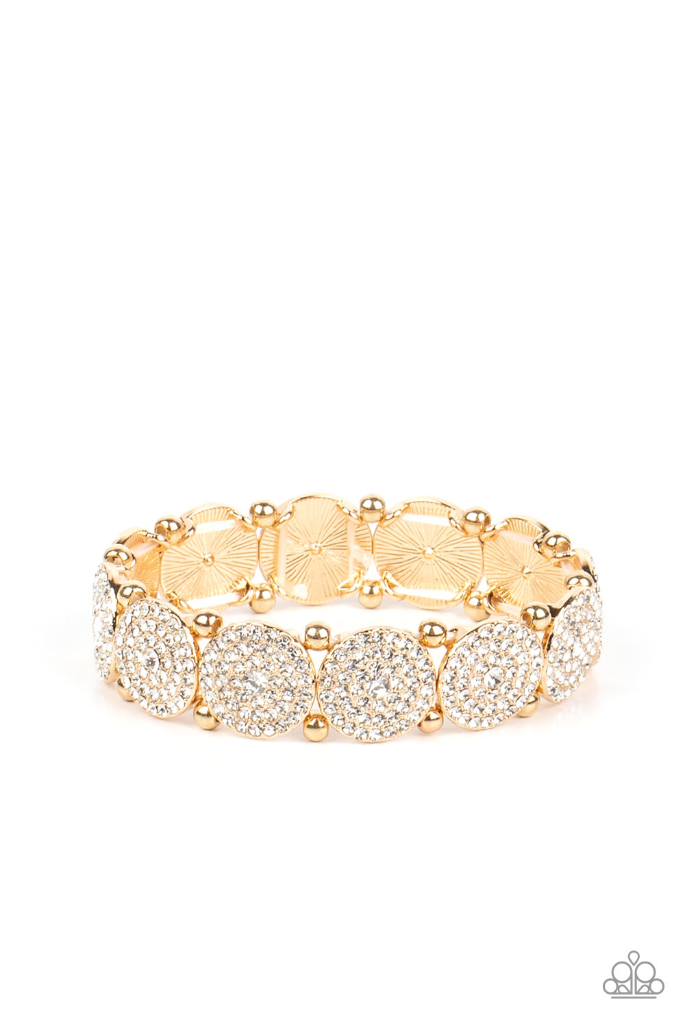 Paparazzi Accessories - Palace Intrigue - Gold Rhinestone Bracelets separated by pairs of gold beads, icy white rhinestone encrusted gold frames glitter along stretchy bands around the wrist for a timeless twinkle.  Sold as one individual bracelet.