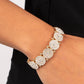 Paparazzi Accessories - Palace Intrigue - Gold Rhinestone Bracelets separated by pairs of gold beads, icy white rhinestone encrusted gold frames glitter along stretchy bands around the wrist for a timeless twinkle.  Sold as one individual bracelet.