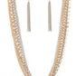 Paparazzi Accessories - Free to CHAINge My Mind - Multi Necklace a mashup of gold and silver chains collides with a strand of sparkling white rhinestones encased in gold fittings. The contrast of gritty gold and silver finishes and shimmery accents creates a brilliant display of grunge and glitz as the strands layer across the chest in an epic finish. Features an adjustable clasp closure.  Sold as one individual necklace. Includes one pair of matching earrings.