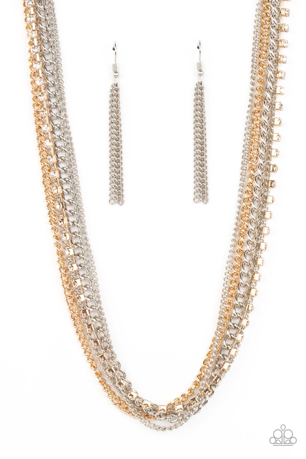 Paparazzi Accessories - Free to CHAINge My Mind - Multi Necklace a mashup of gold and silver chains collides with a strand of sparkling white rhinestones encased in gold fittings. The contrast of gritty gold and silver finishes and shimmery accents creates a brilliant display of grunge and glitz as the strands layer across the chest in an epic finish. Features an adjustable clasp closure.  Sold as one individual necklace. Includes one pair of matching earrings.