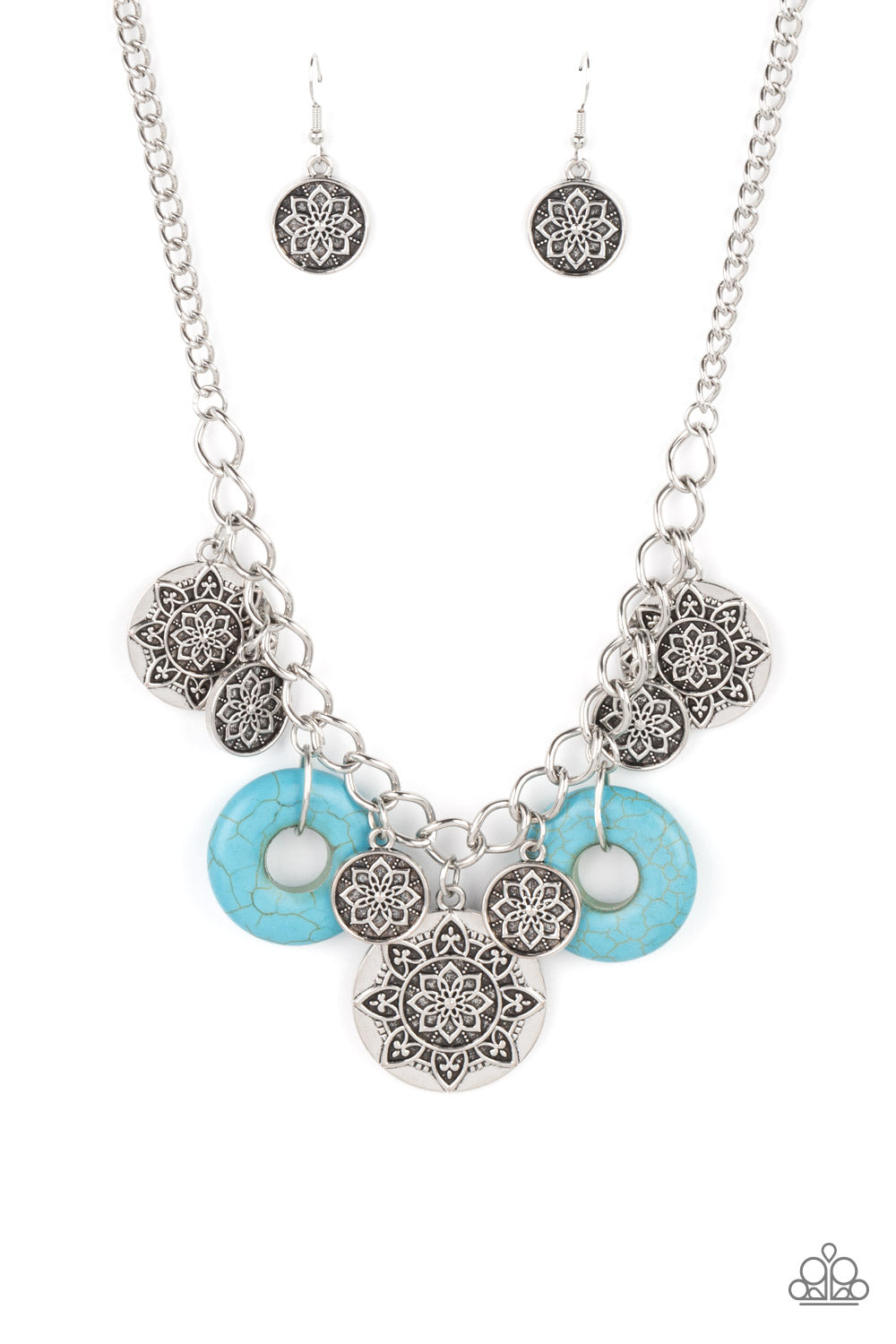 Paparazzi Accessories Western Zen - Blue Stone Convention Necklaces a collection of silver discs, embellished with intricate mandala-like designs, dances along a thick silver chain, with a pair of polished turquoise stone rings adding a pop of color to the rustic design. Features an adjustable clasp closure.  Sold as one individual necklace. Includes one pair of matching earrings.  2022 GLOW Convention Necklaces 