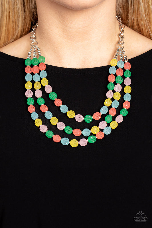 Paparazzi Accessories - Summer Surprise - Multi Necklaces attached and separated by shiny silver beads, three rows of alternating vibrant multi-colored striped acrylic beads layer across the collar creating a colorful canvas. Features an adjustable clasp closure.  Sold as one individual necklace. Includes one pair of matching earrings.