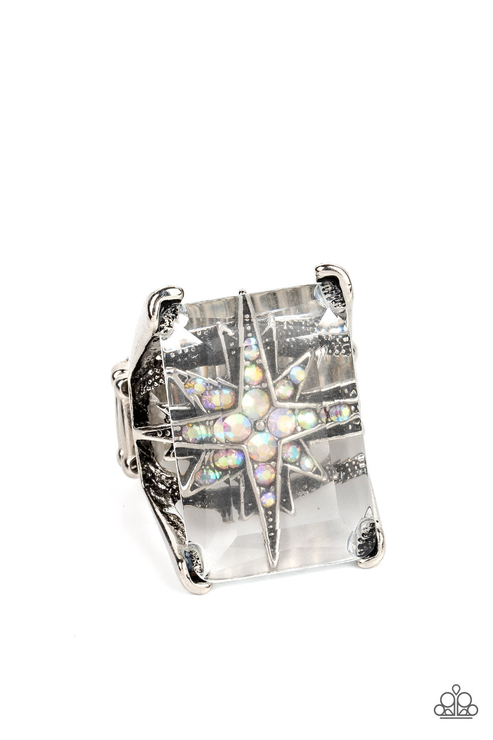 Paparazzi Accessories - Starry Serenity - Multi Rings a white iridescent rhinestone-dotted star twinkles behind a glassy pane that seemingly floats atop the pronged frame, resulting in a stellar statement piece. Due to its prismatic palette, color may vary. Features a stretchy band for a flexible fit.  Sold as one individual ring.