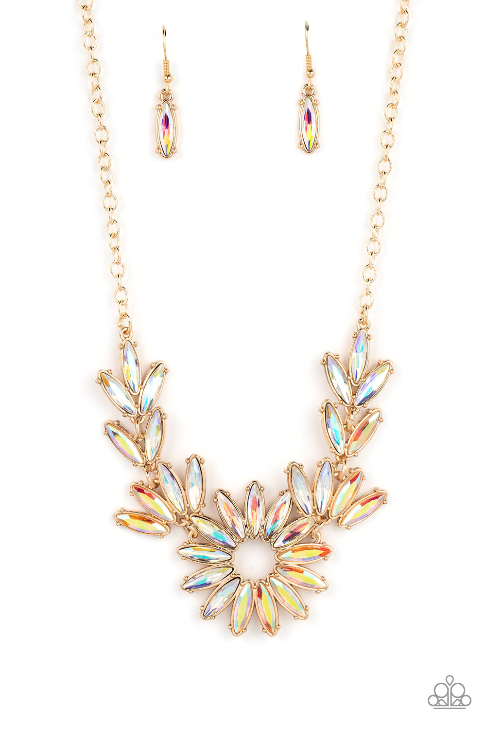 Paparazzi Accessories Celestial Cruise - Gold Iridescent Necklaces featuring oblong marquise cuts, a collection of iridescent gems join into leafy gold frames below the collar. Radiating with the same iridescent intensity, even more stellar rhinestones fan out into a circular focal point, resulting in a celestial centerpiece. Features an adjustable clasp closure. Due to its prismatic palette, color may vary.  Sold as one individual necklace. Includes one pair of matching earrings.
