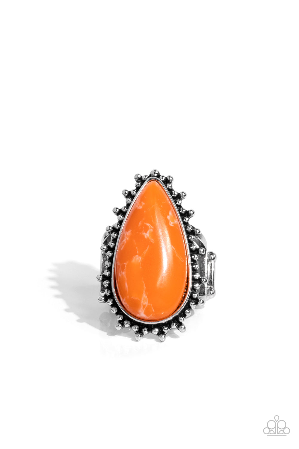 Paparazzi Accessories Down-To-Earth- Essence - Orange Stone Ring chiseled into a tranquil teardrop, a refreshing orange stone is pressed into the center of a studded silver frame for an earthy ensemble. Features a stretchy band for a flexible fit.  Sold as one individual ring.