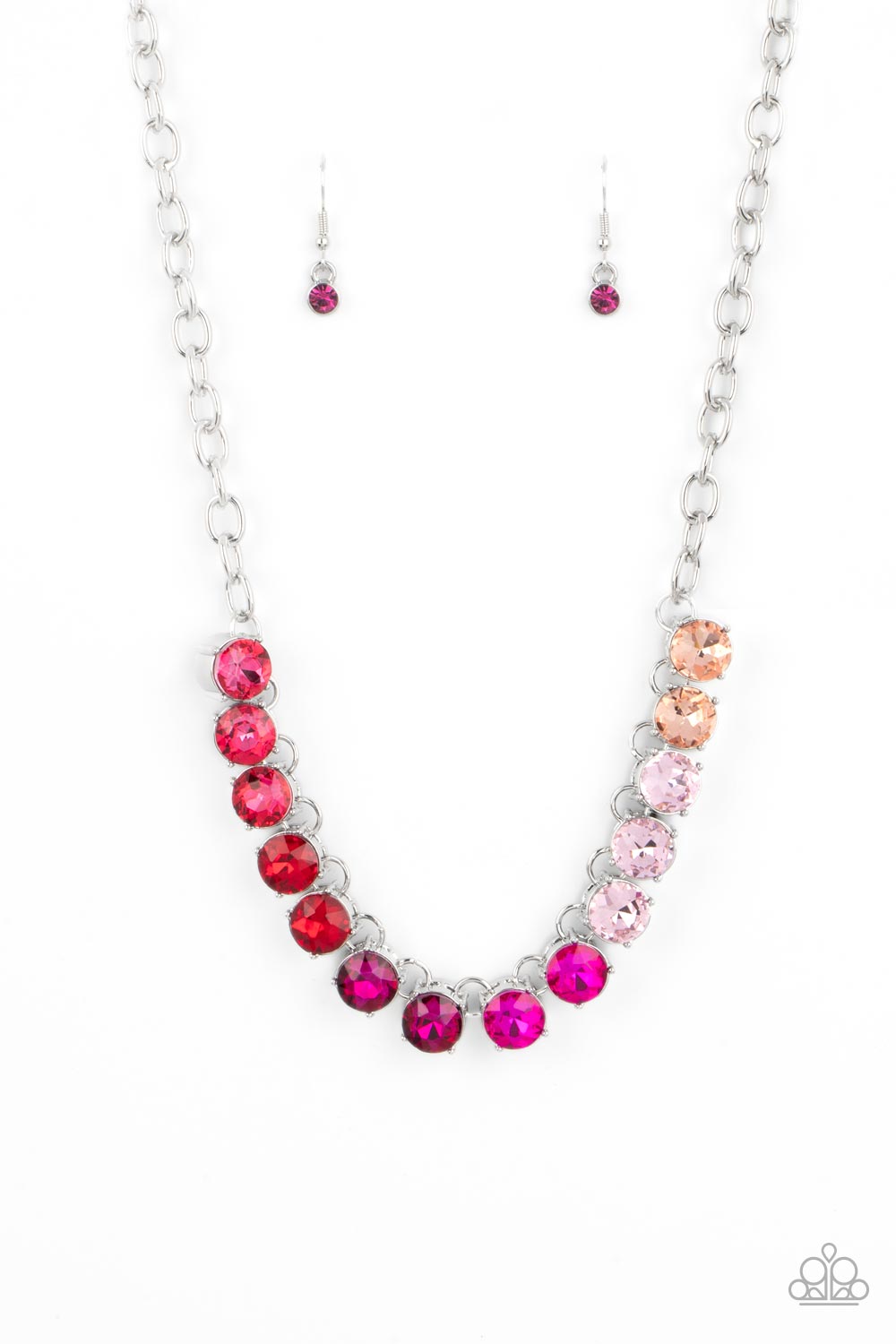 Paparazzi Accessories Rainbow RESPLENDENCE - Pink Rhinestone Necklaces set in bold silver fittings, a rainbow of oversized rhinestones in varying shades of pink sparkles below the collar for an out-of-this-world statement. Features an adjustable clasp closure.  Sold as one individual necklace. Includes one pair of matching earrings.