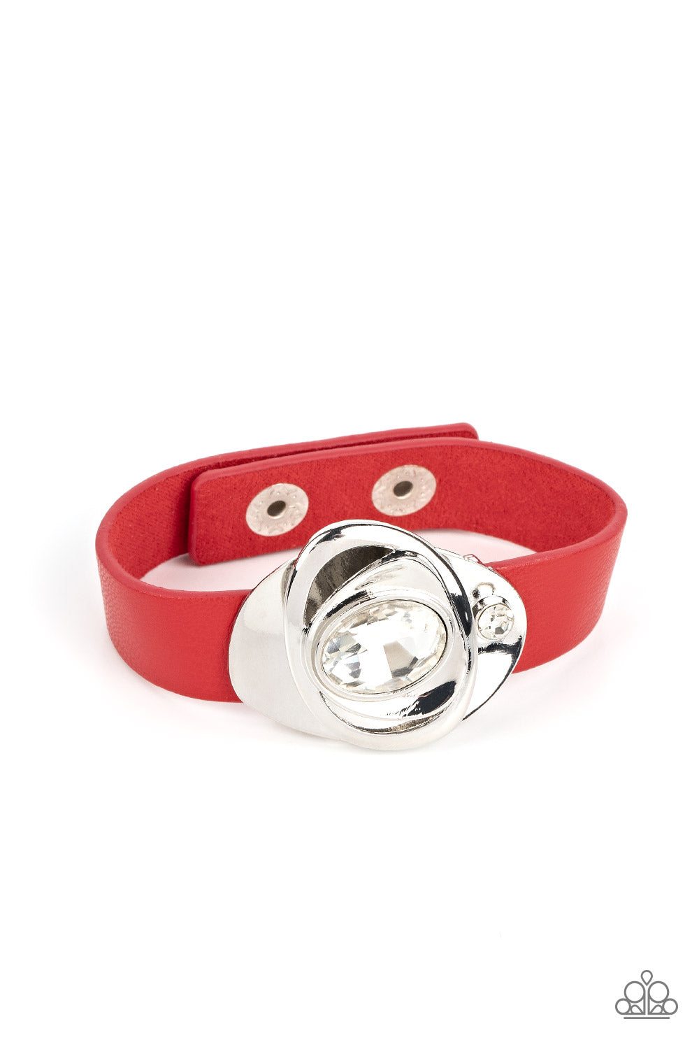 Paparazzi Accessories - Pasadena Prairies - Red Leather Bracelets embellished with an oversized white oval gem, asymmetrical silver frames haphazardly stack into an abstract floral-inspired centerpiece. A smaller white rhinestone attaches the metallic structure to a band of red leather that wraps around the wrist in a flirty finish. Features an adjustable snap closure.  Sold as one individual bracelet.