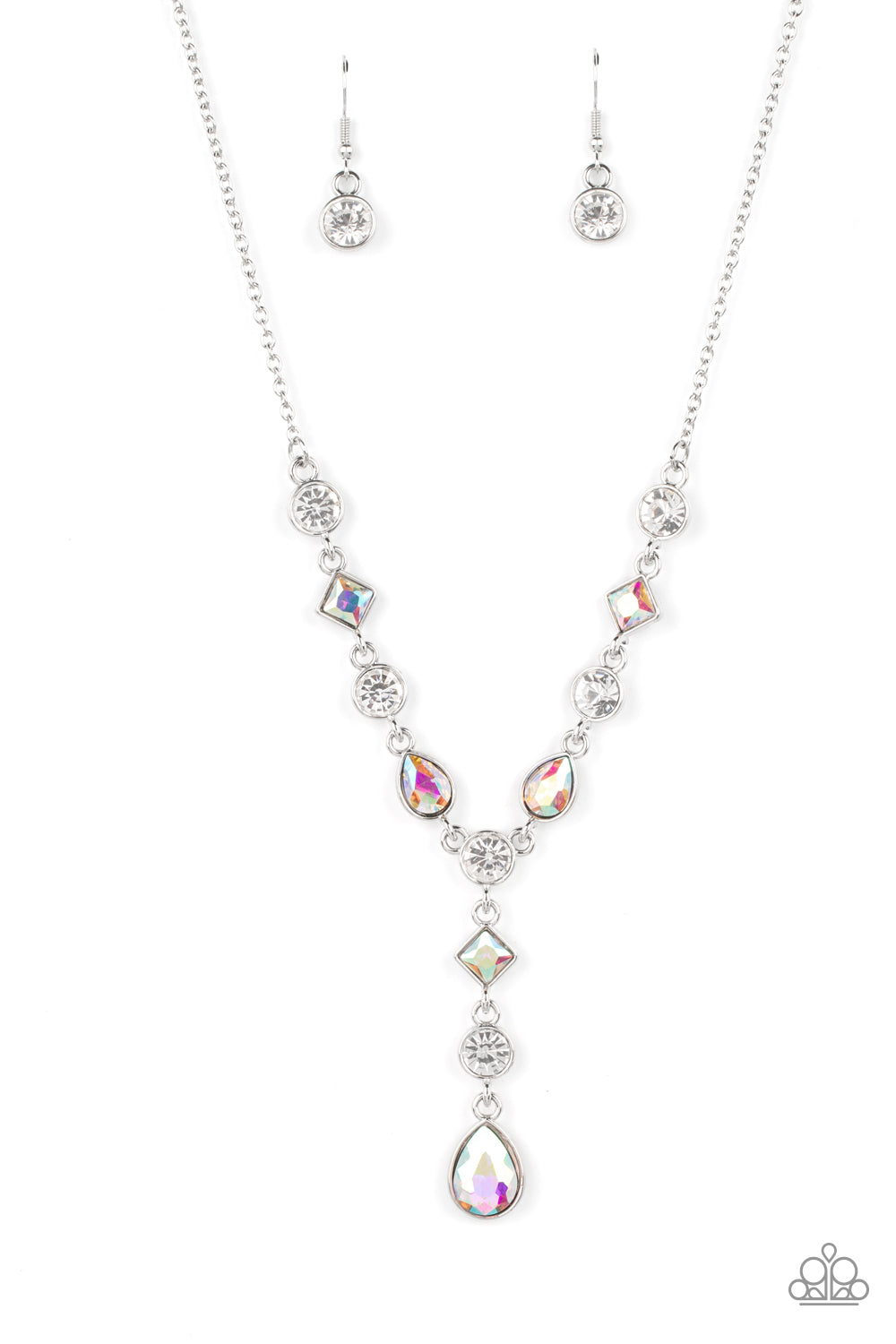 Paparazzi Accessories - Forget the Crown - Multi Iridescent Necklaces brilliant white round-cut rhinestones alternate between diamonds and teardrops with an iridescent finish, creating an elegant lariat fit for royalty. Due to its prismatic palette, color may vary. Features an adjustable clasp closure.  Sold as one individual necklace. Includes one pair of matching earrings.