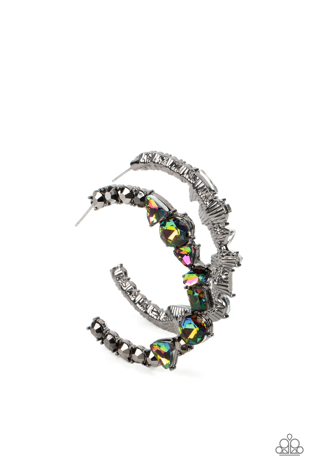 Paparazzi Accessories New Age Nostalgia - Multi Oil Spill Convention Hoop Earrings flanked by hematite rhinestones, a collection of geometric rhinestones with an oil-spill finish sleekly curve around the ear, creating a trendy, yet nostalgic display. Due to its prismatic palette, color may vary. Earring attaches to a standard post fitting. Hoop measures approximately 2" in diameter.  Sold as one pair of hoop earrings.  2022 Glow Convention 