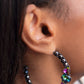 Paparazzi Accessories New Age Nostalgia - Multi Oil Spill Convention Hoop Earrings flanked by hematite rhinestones, a collection of geometric rhinestones with an oil-spill finish sleekly curve around the ear, creating a trendy, yet nostalgic display. Due to its prismatic palette, color may vary. Earring attaches to a standard post fitting. Hoop measures approximately 2" in diameter.  Sold as one pair of hoop earrings.  2022 Glow Convention 