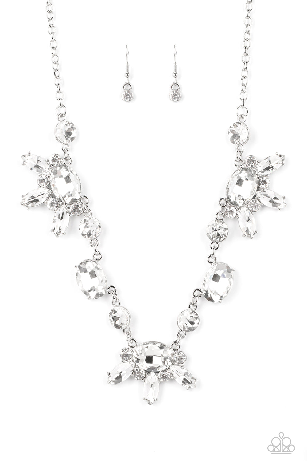 Paparazzi Accessories Glow-Trotting Twinkle - White Rhinestone Convention Necklaces brilliant white rhinestones in round, oval, and marquise cuts, create an abstract pattern as they fall along the neckline. The faceted surfaces of each gem catch and reflect light from every angle, resulting in a timelss, twinkling statement piece. Features an adjustable clasp closure.  Sold as one individual necklace. Includes one pair of matching earrings.  2022 Glow Convention 