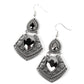 Paparazzi Accessories Royal Remix - Silver Gem Convention Earrings hematite teardrop gem is pressed into a flared silver frame swirled in intricate patterns. The flared frame swings below a smaller hematite teardrop that is wrapped in a border of silver studs, creating a swinging statement. Earring attaches to a standard fishhook fitting.  Sold as one pair of earrings.  2022 Glow Convention 