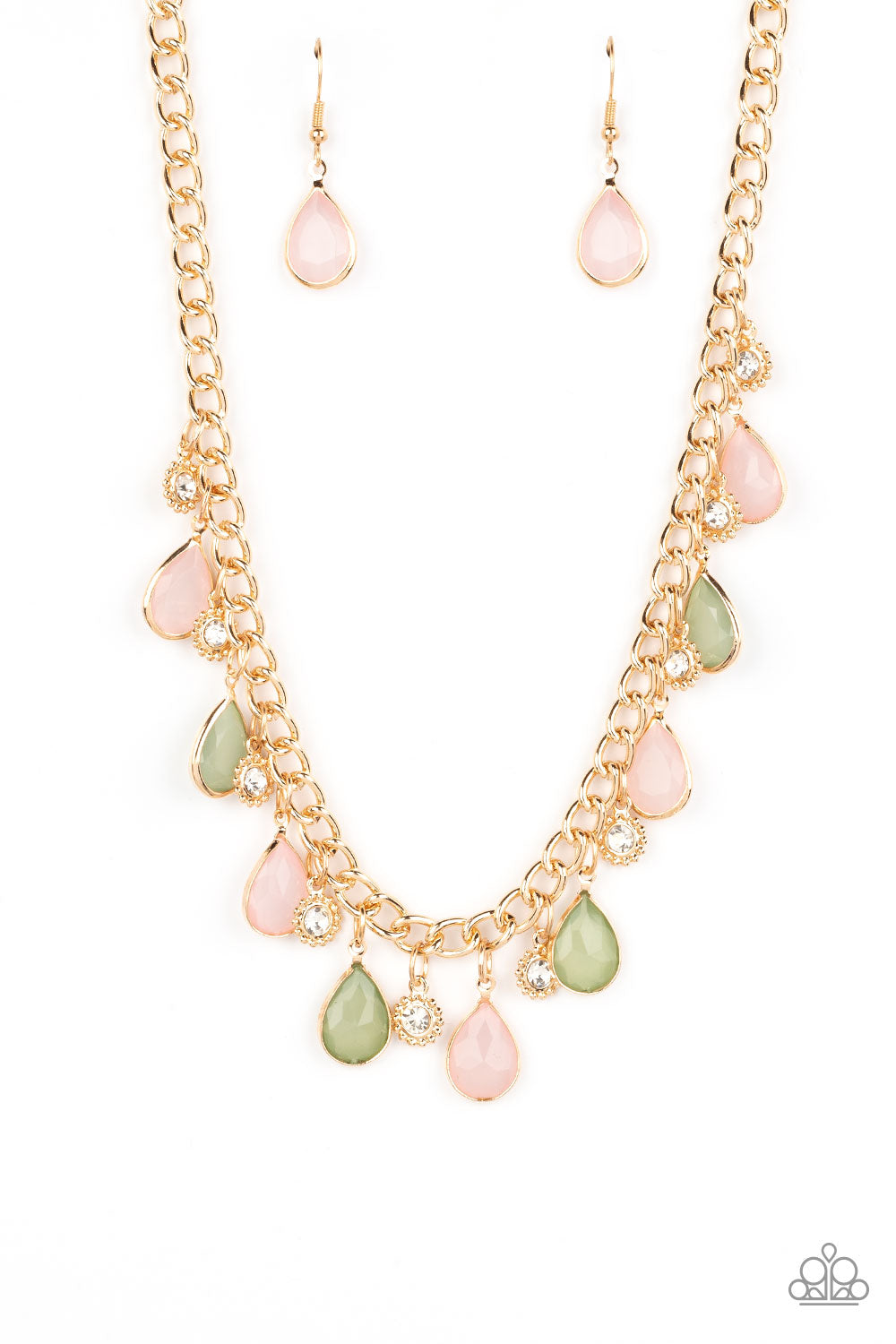 Paparazzi Accessories - Frosted and Framed - Multi Necklaces a thick gold chain is decorated in faceted Loden Frost and baby pink teardrops wrapped in gold frames. The opacity of the beads adds a dreamy feel to the design, while tiny gold accents dotted with white rhinestone centers add a hint of shimmer. Features an adjustable clasp closure.  Sold as one individual necklace. Includes one pair of matching earrings.