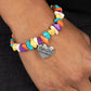 Bracelets an assortment of chiseled orange, turquoise, yellow, purple, and white stones are threaded along an elastic stretchy band in a free-spirited pattern. A silver heart charm, hammered in antiqued texture is engraved with the words "created with a purpose" for an inspiring finish. As the stone elements in this piece are natural, some color variation is normal.  Sold as one individual bracelet.