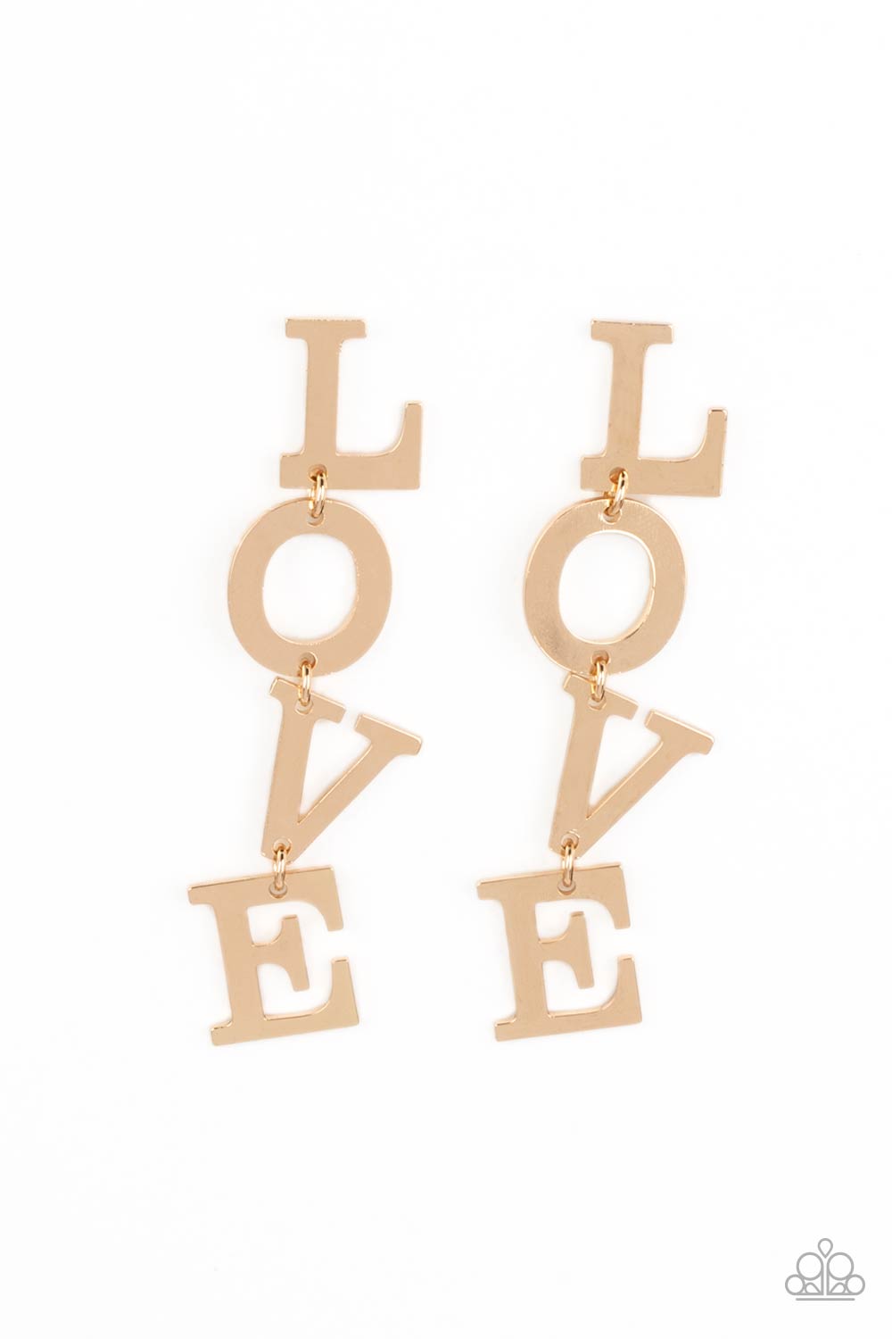 Paparazzi Accessories - L-O-V-E - Gold Earrings Gold letters with a lightly hammered sheen spell out the word "LOVE" as they vertically cascade down the ear in a flattering finish. Each of the letters are interconnected to one another giving the piece some whimsically playful movement. Earring attaches to a standard post fitting. Sold as one pair of post earrings.