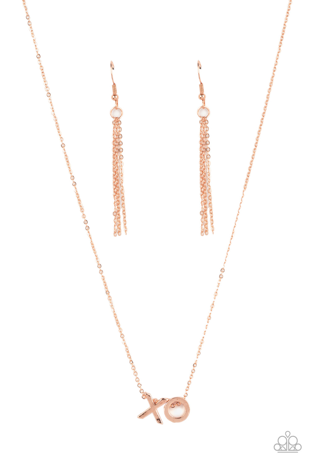 shiny copper letter "X" and a letter "O" in the same metallic sheen, slide along a classic shiny copper chain, creating a dainty, fun-loving design. Features an adjustable clasp closure.  Sold as one individual necklace. Includes one pair of matching earrings.