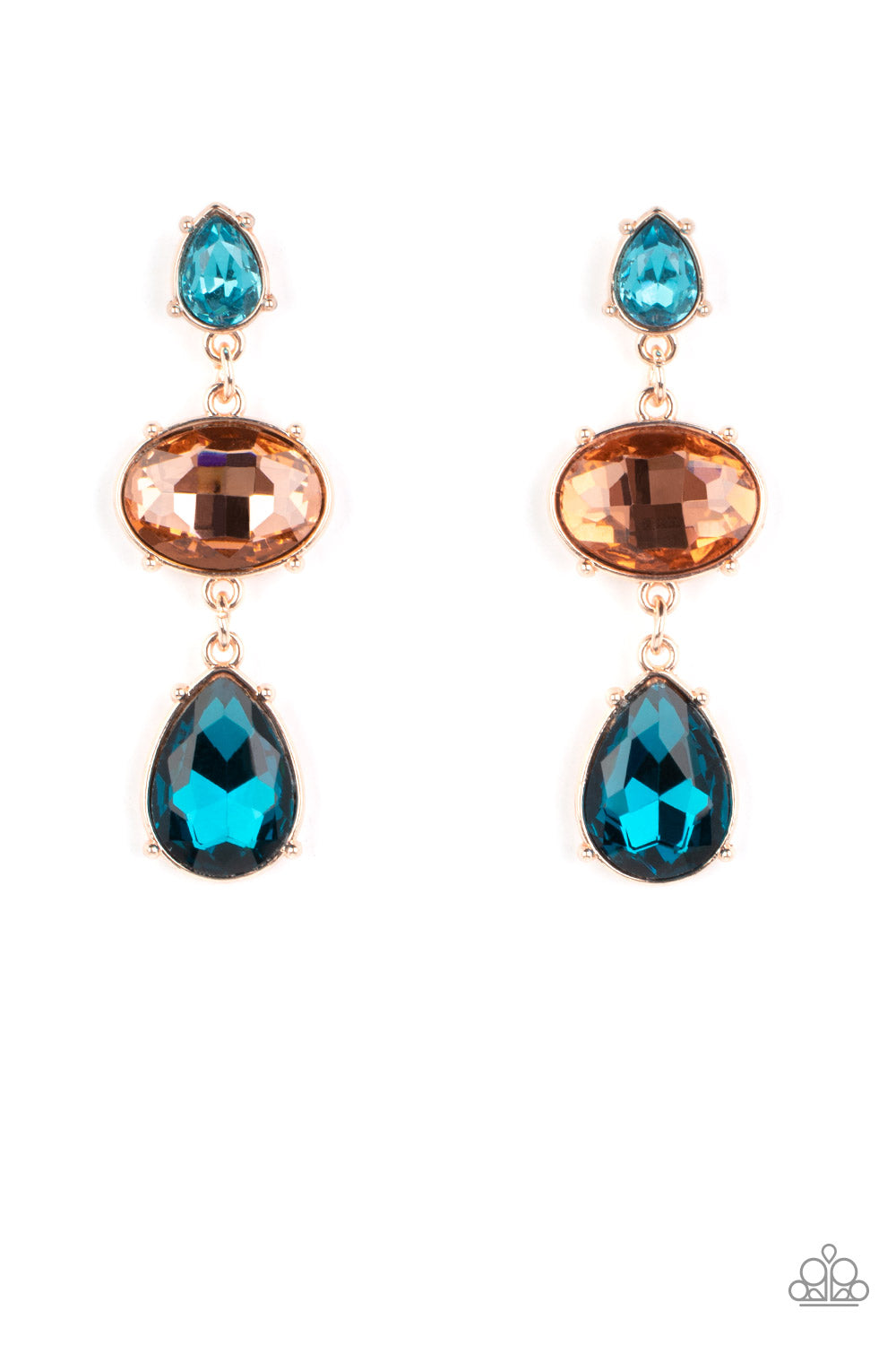 Paparazzi Accessories - Royal Appeal Multi Earrings - September 2022 LOP a small, light blue, teardrop-shaped gem gives way to a peachy oval-shaped rhinestone tilted on its side. A large, deep blue teardrop swings from the oval above, adding dramatic movement to the colorful display. Each faceted gem is set in pronged rose gold fittings, exaggerating their sparkle as they swing from the ear in a lustrous finish.  Sold as one pair of post earrings.