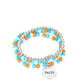 Embellished with silver and defaced beads in varying shades of blue and orange, three bracelets are threaded along elastic stretchy bands, for a fashionable stack across the wrist. Falling from one of the varying blue and orange bangles, a silver disc, with a hammered sheen, features the word "Faith," creating a simplistic collision of color and energy for a light-hearted finish.  Sold as one individual bracelet.