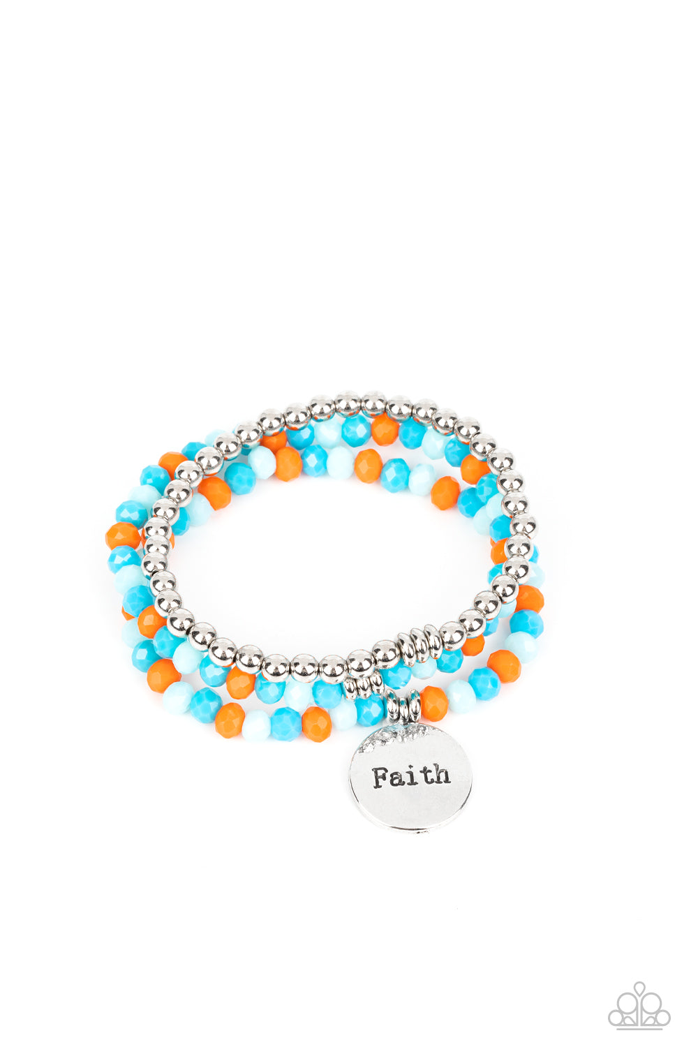 Embellished with silver and defaced beads in varying shades of blue and orange, three bracelets are threaded along elastic stretchy bands, for a fashionable stack across the wrist. Falling from one of the varying blue and orange bangles, a silver disc, with a hammered sheen, features the word "Faith," creating a simplistic collision of color and energy for a light-hearted finish.  Sold as one individual bracelet.