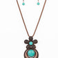 Paparazzi Accessories - Bohemian Blossom fluttering from a copper snake chain, an oversized flower with detailed petals blooms around a turquoise stone center. A copper pendant with a studded border swings from the single flower for additional movement. A refreshing oversized stone in the same hue is pressed into the center of the pendant for a pop of color amongst the metallic texture. Features an adjustable clasp closure. As the stone elements in this piece are natural, some color variation is normal.
