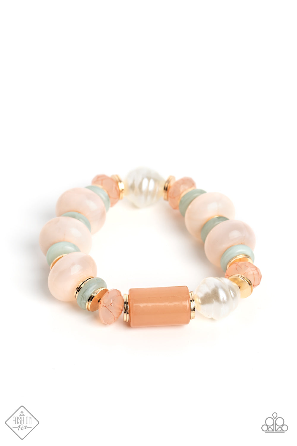 Gold accents and discs combine with a collection of solid, cloudy, and crackle beads in varying sizes and colors to create a modern statement that wraps around the wrist on a stretchy band. The shades of pastel green and soft peach create a fresh and subdued palette, as asymmetrical white pearl beads introduce a hint of refinement.  Sold as one individual bracelet.