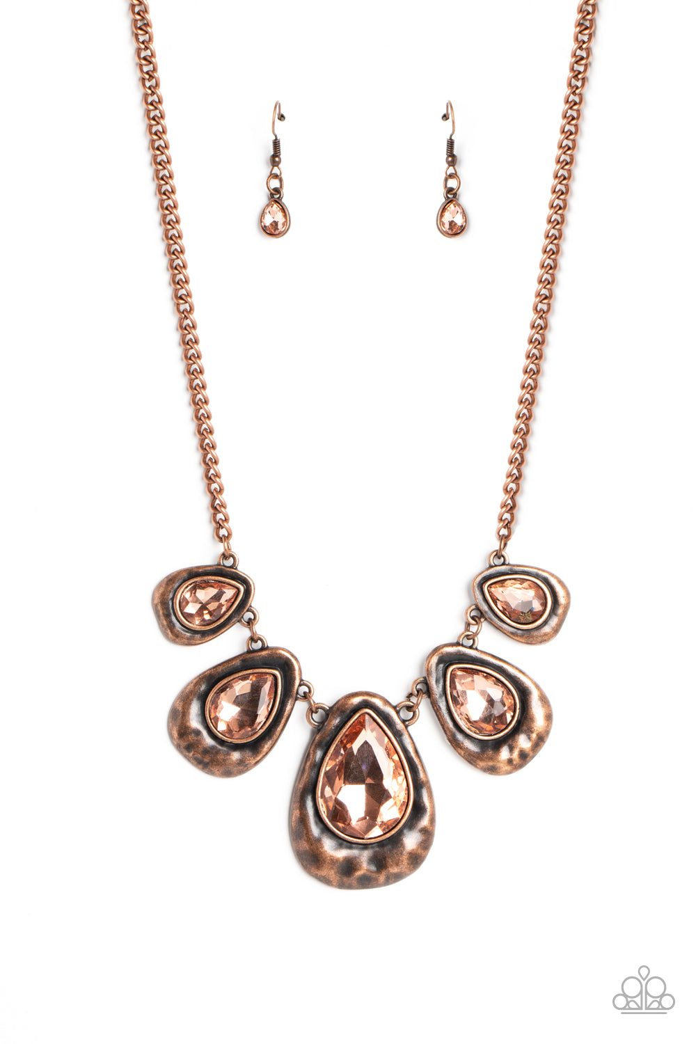 Paparazzi Accessories - Formally Forged - Copper Teardrop Necklace delicately hammered in shimmer, a collection of antiqued copper teardrops link below the collar for an edgy statement-making look. Set in each hammered frame, faceted, peachy teardrop gems add a dramatic pop of color to the design. Features an adjustable clasp closure.  Sold as one individual necklace. Includes one pair of matching earrings.
