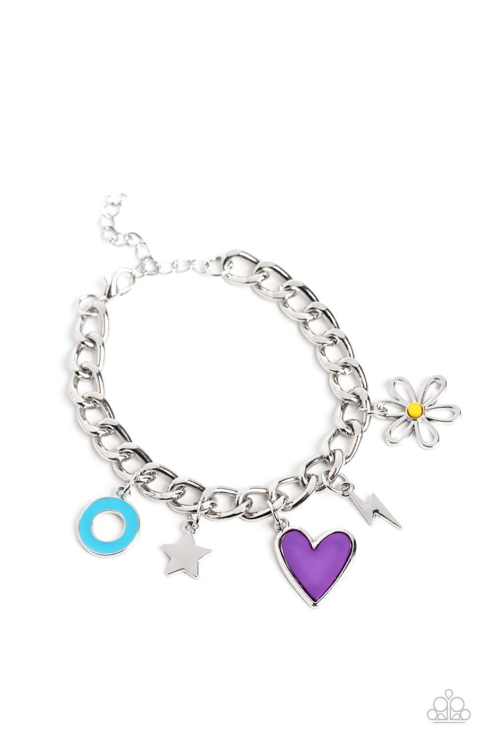 Elongated silver chain links, separated by tiny silver beads, lead down the neckline to a section of thick, flat, silver curb chain. A collection of whimsical charms gather along the thicker chain, including a lightning bolt, a star, a blue ring, a silhouette of a flower, a vibrant pink bead, a purple heart, and a polished white baroque pearl. 
