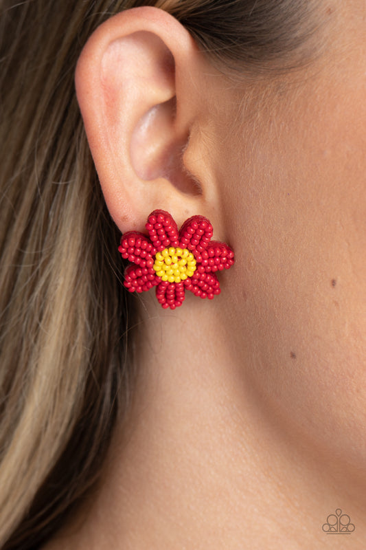 Paparazzi Accessories - Sensational Seeds - Red Seed Bead Earrings layers of red seed bead petals fan out from a yellow seed bead center, blooming into a textured floral centerpiece. Earring attaches to a standard post fitting.  Sold as one pair of post earrings.