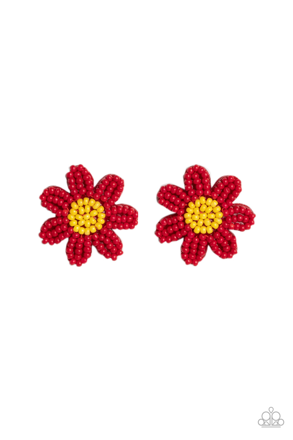 Paparazzi Accessories - Sensational Seeds - Red Seed Bead Earrings layers of red seed bead petals fan out from a yellow seed bead center, blooming into a textured floral centerpiece. Earring attaches to a standard post fitting.  Sold as one pair of post earrings.