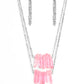 Paparazzi Accessories - Crystal Catwalk - Pink Necklace chiseled into a colorful collection, two layers of transparent pink crystal-like stones swings from the bottom of two dainty silver chains for a handcrafted, artisanal look. Features an adjustable clasp closure. As the stone elements in this piece are natural, some color variation is normal.  Sold as one individual necklace. Includes one pair of matching earrings.