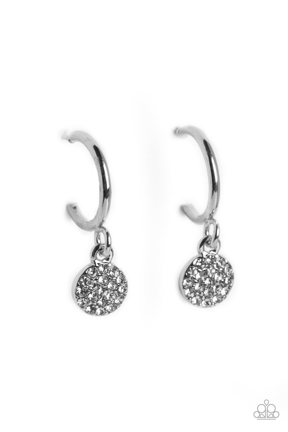 Paparazzi Accessories - Bodacious Ballroom - White Hoop Earrings swinging from a glistening silver hoop, a dainty silver disc, embossed with white rhinestones glimmers, adding a subtle shimmer around the ear. Earring attaches to a standard post fitting. Hoop measures approximately 1/2" in diameter.  Sold as one pair of hoop earrings.