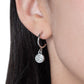 Paparazzi Accessories - Bodacious Ballroom - White Hoop Earrings swinging from a glistening silver hoop, a dainty silver disc, embossed with white rhinestones glimmers, adding a subtle shimmer around the ear. Earring attaches to a standard post fitting. Hoop measures approximately 1/2" in diameter.  Sold as one pair of hoop earrings.