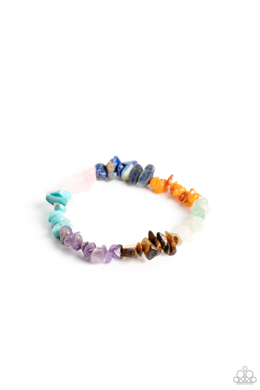 Paparazzi Accessories - Pebble Plains - Multi Bracelets an earthy collection of turquoise, lapis, jade, amethyst, Tiger's eye, orange, gray, and pink pebbles are threaded along a stretchy band around the wrist for a Southwestern finish.  Sold as one individual bracelet.