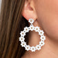 Paparazzi Accessories - Daisy Meadows - White Earrings hanging from a solitaire white daisy, a dainty collection of white daisies bloom into a free-spirited wreath below the ear. Gold studs gleam from the centers of the tactile flowers, adding an industrial sheen to the display. Earring attaches to a standard post fitting.  Sold as one pair of post earrings.