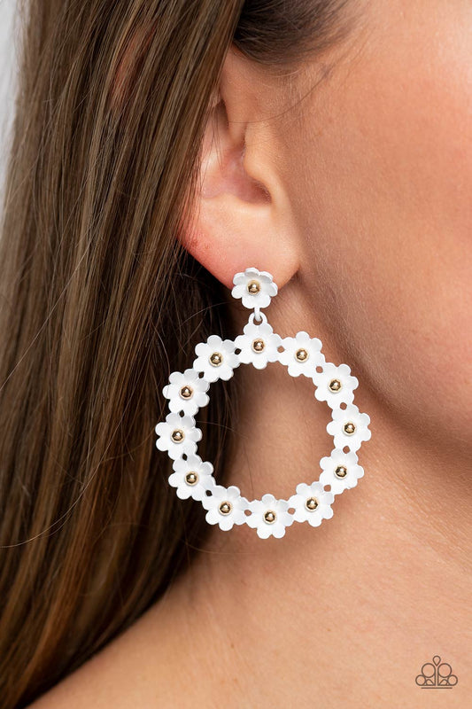 Paparazzi Accessories - Daisy Meadows - White Earrings hanging from a solitaire white daisy, a dainty collection of white daisies bloom into a free-spirited wreath below the ear. Gold studs gleam from the centers of the tactile flowers, adding an industrial sheen to the display. Earring attaches to a standard post fitting.  Sold as one pair of post earrings.