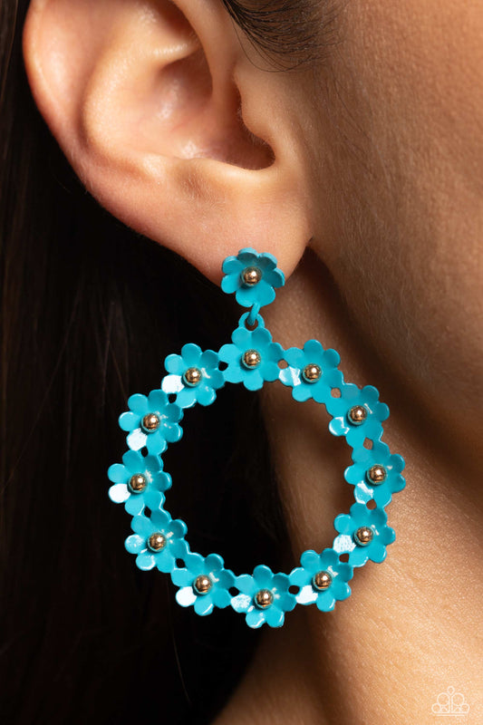 Paparazzi Accessories - Daisy Meadows - Blue Floral Earrings hanging from a solitaire blue daisy, a dainty collection of blue daisies bloom into a free-spirited wreath below the ear. Gold studs gleam from the centers of the tactile flowers, adding an industrial sheen to the display. Earring attaches to a standard post fitting.  Sold as one pair of post earrings.