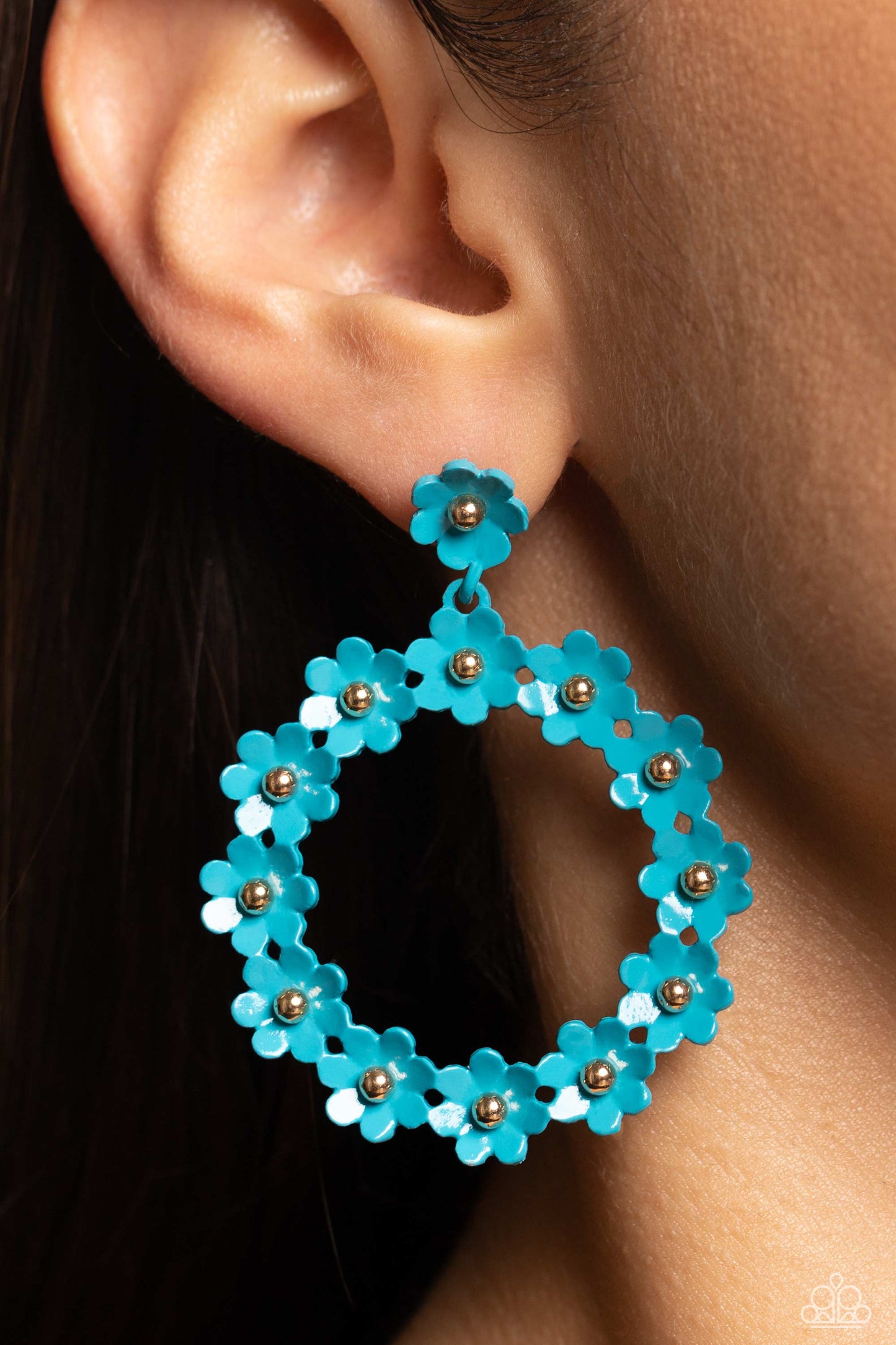 Paparazzi Accessories - Daisy Meadows - Blue Floral Earrings hanging from a solitaire blue daisy, a dainty collection of blue daisies bloom into a free-spirited wreath below the ear. Gold studs gleam from the centers of the tactile flowers, adding an industrial sheen to the display. Earring attaches to a standard post fitting.  Sold as one pair of post earrings.