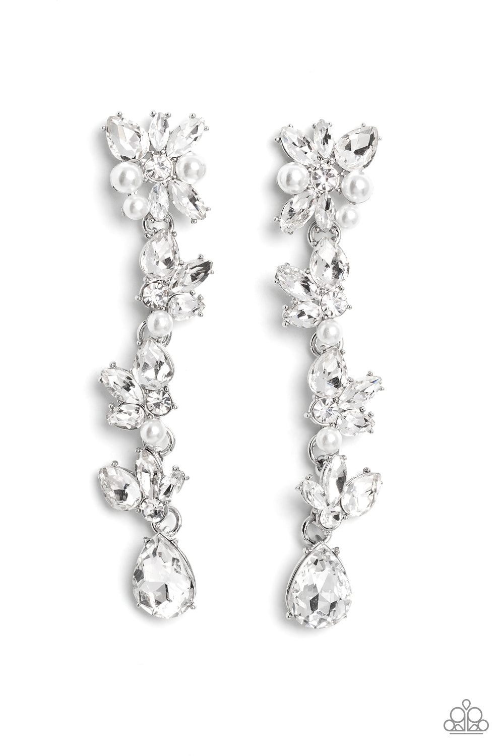 Paparazzi Accessories - LIGHT at the Opera - White 2023 EMP Earrings radiant clusters of white reflective teardrop, marquise-cut and round gems combine with classic white pearls to create an explosion of glitz that extends down the ear. Hanging from the bottom of the light-reflecting earring, a white, reflective teardrop gem swings for some eye-catching shimmer against a backdrop of high-sheen silver. Earring attaches to a standard post fitting.