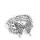 Paparazzi Accessories - First WINGS First - White 2023 EMP Butterfly Bracelets strung along elastic stretchy bands, a trio of silver and textured silver beads and accents wrap around the wrist. Featured atop the beaded collection, an oversized silver butterfly, with intricate details, is sprinkled with dainty white rhinestones across its wings and body, for a dramatically dazzling finish.  Sold as one individual bracelet.