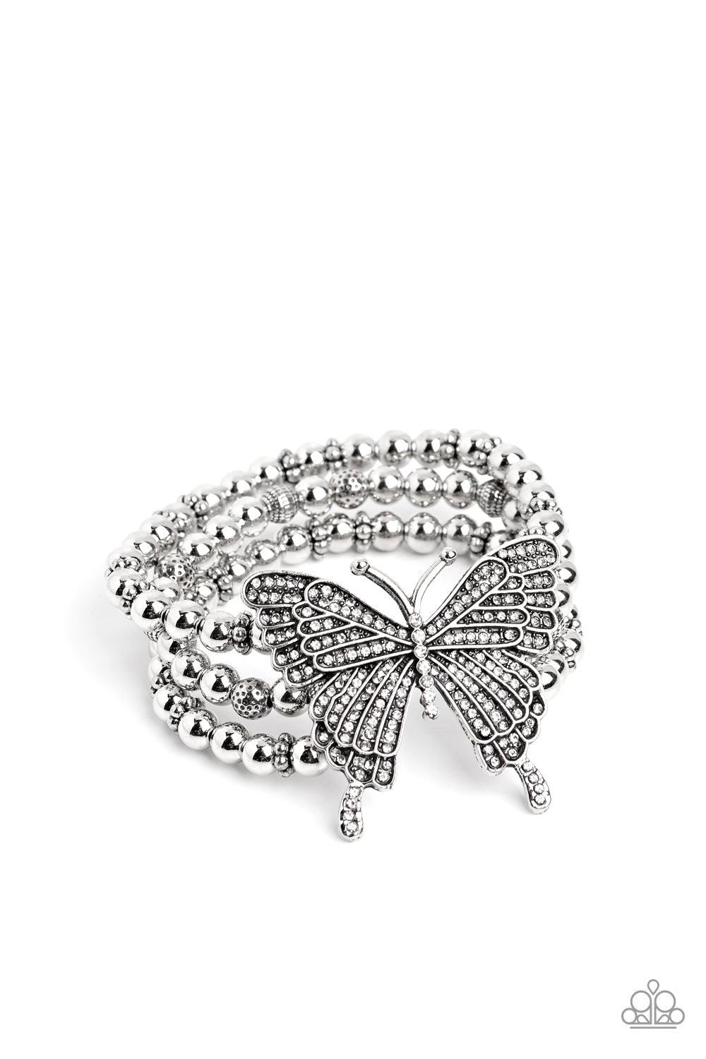 Paparazzi Accessories - First WINGS First - White 2023 EMP Butterfly Bracelets strung along elastic stretchy bands, a trio of silver and textured silver beads and accents wrap around the wrist. Featured atop the beaded collection, an oversized silver butterfly, with intricate details, is sprinkled with dainty white rhinestones across its wings and body, for a dramatically dazzling finish.  Sold as one individual bracelet.