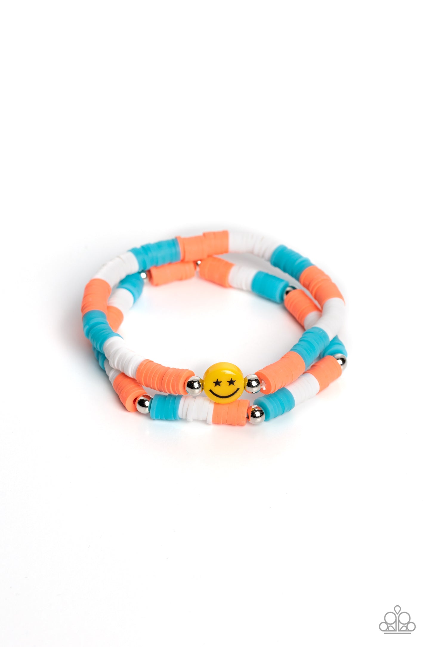 Paparazzi Accessories - In SMILE - Orange Smiley Bracelets coral, blue, and white rubber discs combine with sporadically placed silver beads to provide a vibrant pop of color along the wrist. Meeting in the center of one of the multi-shaded bracelets, a yellow bead with a smiley face, featuring stars for eyes, rests for a youthful finish.  Sold as one set of two bracelets.