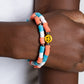 Paparazzi Accessories - In SMILE - Orange Smiley Bracelets coral, blue, and white rubber discs combine with sporadically placed silver beads to provide a vibrant pop of color along the wrist. Meeting in the center of one of the multi-shaded bracelets, a yellow bead with a smiley face, featuring stars for eyes, rests for a youthful finish.  Sold as one set of two bracelets.