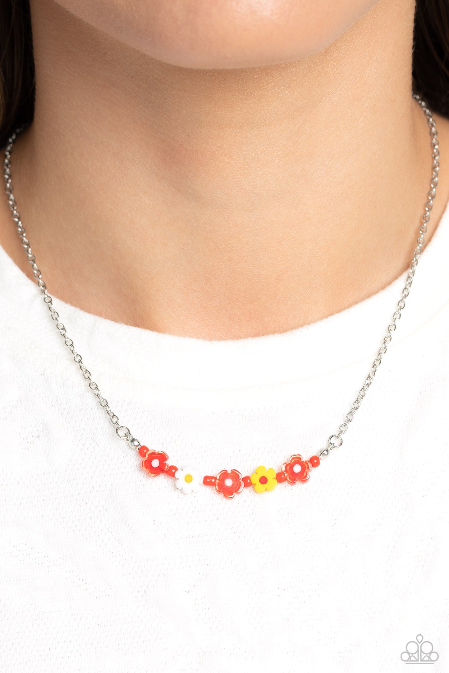 Paparazzi Accessories - BOUQUET We Go - Red Flower Necklaces Infused at the bottom of a dainty silver chain, a row of flower beads in shades of red, yellow, and white glide down the neckline. Separating each floral bead, red seed beads create additional pops of color against the seasonal flowers. Features an adjustable clasp closure.  Sold as one individual necklace. Includes one pair of matching earrings.