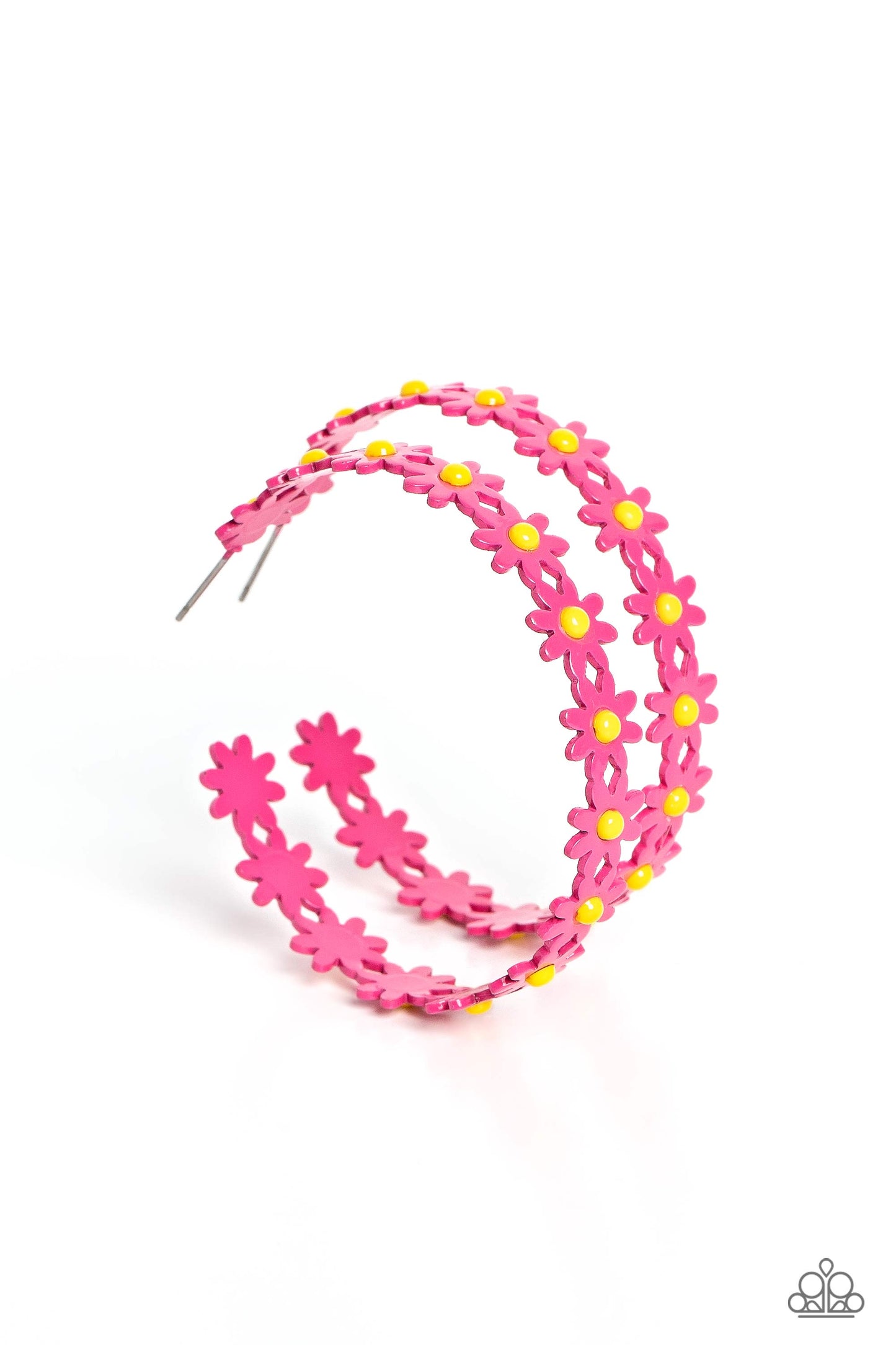 Paparazzi Accessories - Daisy Disposition - Pink Hoop Earrings a dainty collection of hot pink daisies with yellow centers blooms into a free-spirited hoop around the ear. Earring attaches to a standard post fitting. Hoop measures approximately 2" in diameter.  Sold as one pair of hoop earrings.